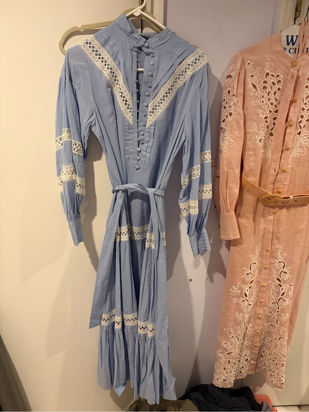 Karen Millen Light Blue Long Sleeve Lace-Trim Maxi Dress